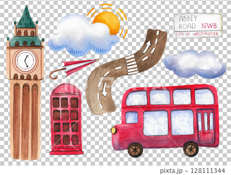 Festive collection of hand-painted watercolor elements with British symbols. Big Ben, Abbey Road sign, double-decker bus, telephone box, tea set. Illustrations isolated on white background Festive collection of hand-painted watercolor elements with British symbols. Big Ben, Abbey Road sign, double-decker bus, telephone box, tea set. Illustrations isolated on white background 128111344