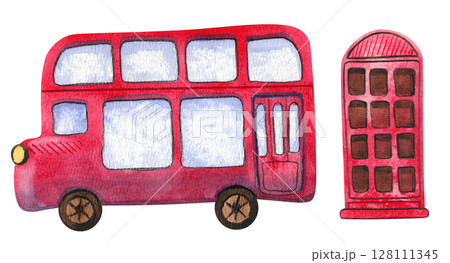 Festive collection of hand-painted watercolor elements with British symbols. Big Ben, Abbey Road sign, double-decker bus, telephone box, tea set. Illustrations isolated on white background	 128111345