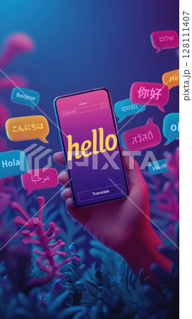 Hand holding mobile phone displaying word hello surrounded by speech bubbles with greetings various languages, set vibrant, colorful environment 128111407