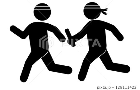 リレー競技でバトンを渡す人たちのピクトグラム 128111422