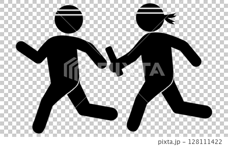 リレー競技でバトンを渡す人たちのピクトグラム 128111422