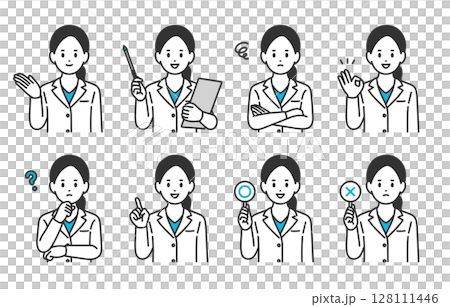 一組表情和姿勢各異的女醫生[人物向量插圖素材] 128111446
