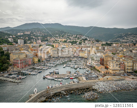 Aerial view of the Citadel of Bastia in the north of Corsica island - Genoese city overlooking the Mediterranean Sea Aerial view of the Citadel of Bastia in the north of Corsica island - Genoese city overlooking the Mediterranean Sea 128111501