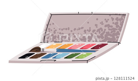 Watercolor Paint Set in Box in Flat Design on White Background. Artist Supplies for Painting Tutorials, Creative Projects, and Art Studio Branding. Perfect for Packaging Design, Social Media Watercolor Paint Set in Box in Flat Design on White Background. Artist Supplies for Painting Tutorials, Creative Projects, and Art Studio Branding. Perfect for Packaging Design, Social Media 128111524