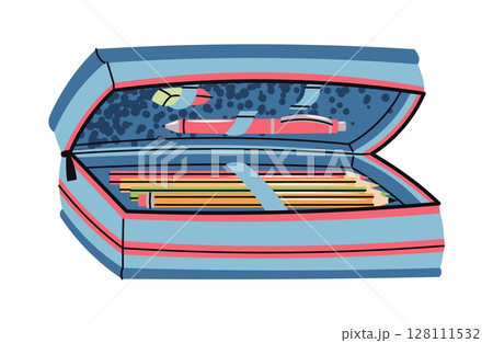 Blue Kids Pencil Case with School Supplies in Flat Style on White Background. Pen Holder for Children's Stationery, Back to School Essentials. Ideal for Educational Content, School Advertising 128111532