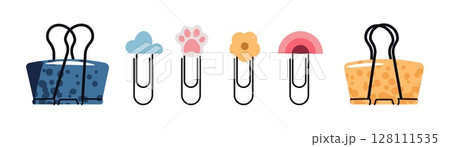 Decorative Paperclips Set in Flat Style.Paw, Cloud, Flower, Rainbow and Clips on White Background. Cute Office and School Supplies for Planners, Journals. Ideal for Stationery Branding, Social Media 128111535