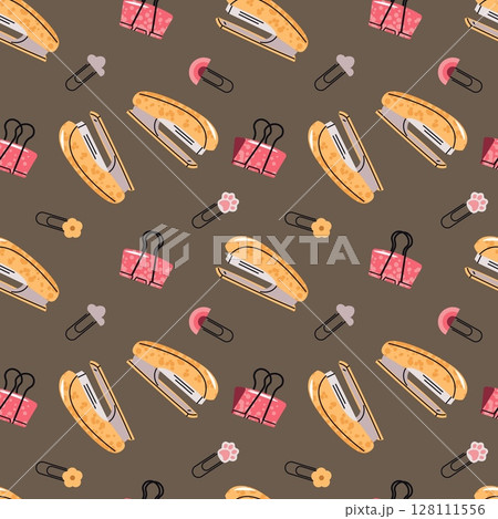 Seamless Pattern with Paperclips, Binder Clip, Stapler. Office and School Supplies Design for Textile Printing, Wallpaper, Wrapping Paper, Stationery. Ideal for Fabric, School Decor, Packaging Design 128111556