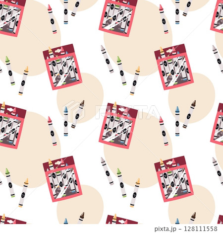 Seamless Pattern with Wax Crayons. Colorful Kids Art Supplies Design for Textile Printing, Wallpaper, Wrapping Paper and Stationery. Ideal for Children's Fabric, School Decor, Packaging Design 128111558