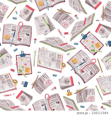 Seamless pattern with open books, notebooks, stationery. Flat design school background for textile, wallpaper, wrapping paper, school supplies. Ideal for decor, educational material and product design 128111564