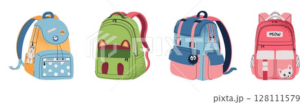 Set of different school backpack and schoolbag. Collection of children bags. Hand drawn vector illustration on isolated background. Modern flat cartoon style. Back to school, stickers 128111579