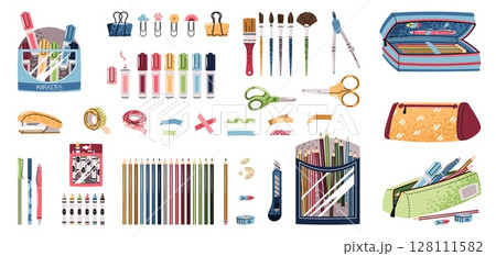 Stationery Set. Pencils, Highlighters, Crayons, Pens, Pencil Cases, Brushes, Paperclips and More in Flat Design. Back to School Collection. Ideal for Educational Content, Office Branding, Social Media Stationery Set. Pencils, Highlighters, Crayons, Pens, Pencil Cases, Brushes, Paperclips and More in Flat Design. Back to School Collection. Ideal for Educational Content, Office Branding, Social Media 128111582