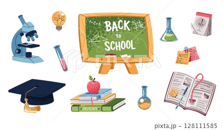 School Supplies Set in Flat Design. Chalkboard, Textbooks, Microscope, Graduation Cap. Education set for Science Projects, Graduation Themes. Ideal for University Branding, Educational Content 128111585