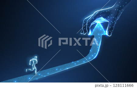 Man runs the up arrow and digital hand. 128111666