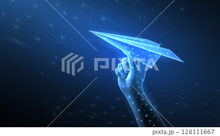 Abstract digital hand with paper plane. Dream concept, leadership vision, creative idea. 128111667