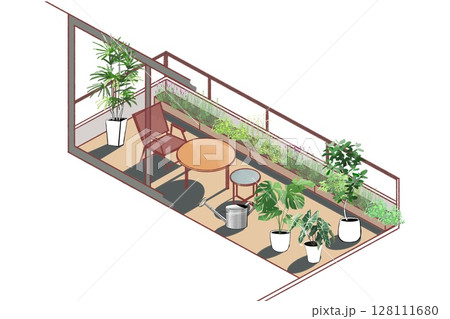 観葉植物とバルコニー、インテリアのアイソメトリックイラスト 128111680