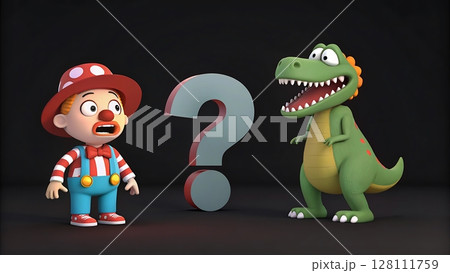 A cartoon clown looking scared next to a question mark and a cartoon dinosaur on a black background 128111759