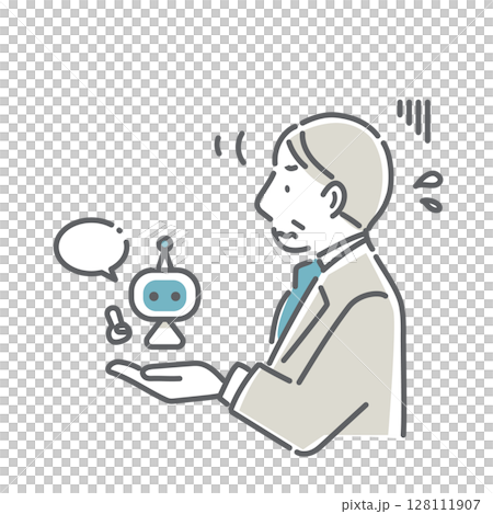AIに抵抗のあるミドル世代のビジネスパーソン シンプルでお洒落な線画イラスト AIに抵抗のあるミドル世代のビジネスパーソン シンプルでお洒落な線画イラスト 128111907
