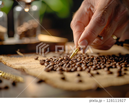 Roaster' Hand Inspecting Roasted Coffee Beans. concepts related to coffee production. AI Generated. Roaster' Hand Inspecting Roasted Coffee Beans. concepts related to coffee production. AI Generated. 128111927