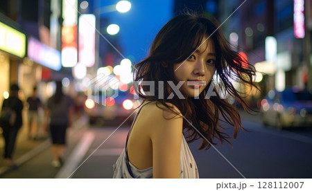 夜の繁華街を歩く女性のイラスト素材 [128112007] - PIXTA