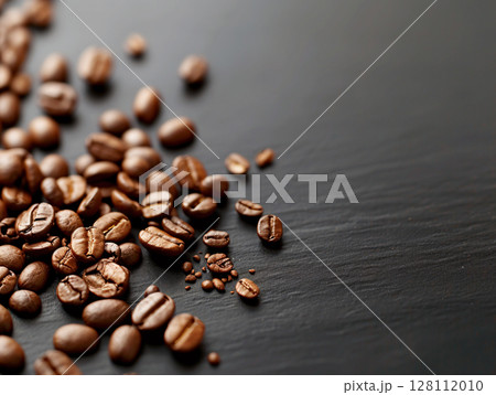 Coffee beans on dark background with copy space. AI Generated. Coffee beans on dark background with copy space. AI Generated. 128112010