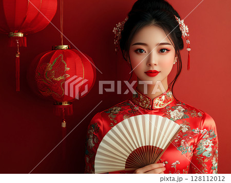 Chinese woman in traditional cheongsam qipao dress holding fan. Chinese lanterns during new year festival. AI Generated. 128112012