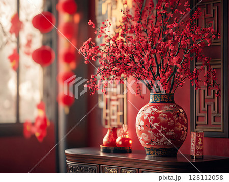 Chinese new year decorations. Red flower pot. Chinese culture home decor. red lantern. AI Generated. 128112058