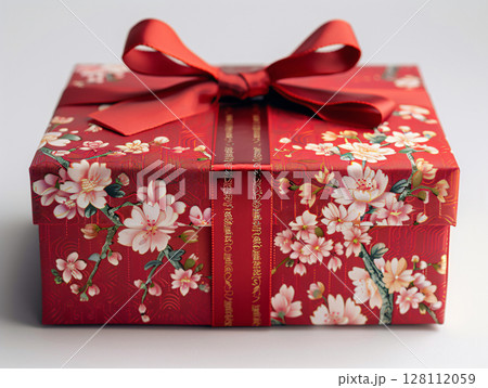 Red gift box with fortune cookies and Chinese symbols. New Year banner Concept. AI Generated. 128112059