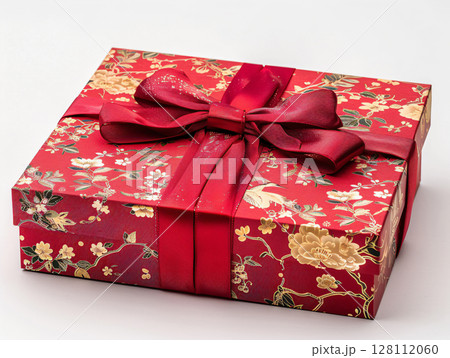 Red gift box with fortune cookies and Chinese symbols. New Year banner Concept. AI Generated. 128112060