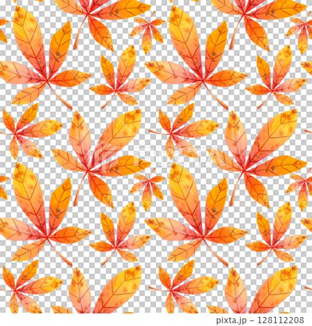 Seamless pattern with watercolor autumn leaves on a white background. Hand drawn illustration for your design, print, textile	 128112208