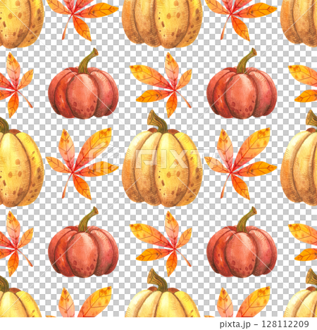 Autumn seamless pattern with orange leaves and autumn pumpkins. Hand drawn watercolor illustration of vegetables and plants on white background. For decoration of children illustration, print, textile 128112209