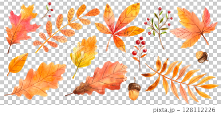 Watercolor autumn leaves isolated on white background. Hand drawn illustration for your design, print, textile Watercolor autumn leaves isolated on white background. Hand drawn illustration for your design, print, textile 128112226