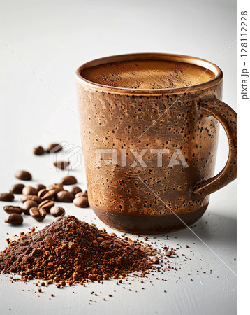 Coffee Mug and Grinded Coffee Beans. Isolated on White Background. Relax coffee concept. AI Generated. 128112228