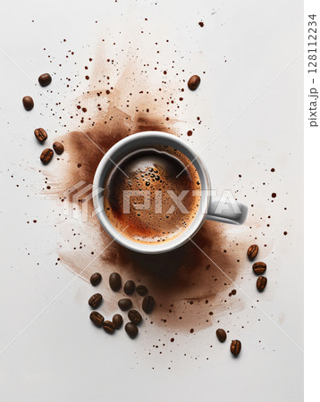 Coffee Mug and Grinded Coffee Beans. Isolated on White Background. Relax coffee concept. AI Generated. 128112234