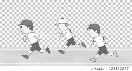 男孩在校園裡奔跑的單色插圖 128112277