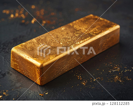 Close up a gold bar on black background. finance and economy. AI Generated. 128112285