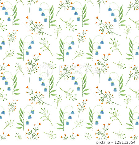 Seamless pattern. Hand drawn floral watercolor illustrations on white background. Spring and summer set of colorful plants. Seamless pattern. Hand drawn floral watercolor illustrations on white background. Spring and summer set of colorful plants. 128112354