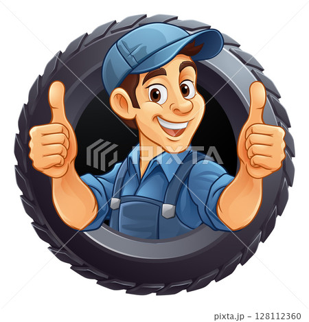 Tyre Tire Car Service Mechanic Mascot Cartoon Man 128112360