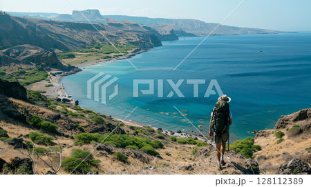 traveller and explorer is hiking the hill. overlooking crystal turquoise lagoons. summer background. AI Generated. 128112389
