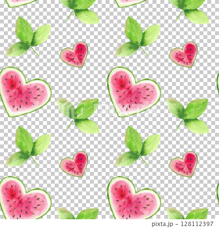 Watercolor illustration set, watermelon, leaves, seamless pattern. Hand drawn watermelon pieces and slices, wooden skewer for design, postcards, menu. 128112397