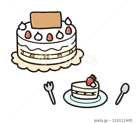 ホールケーキとカットケーキのセットイラスト／誕生日やスイーツ素材用イラスト 128112495