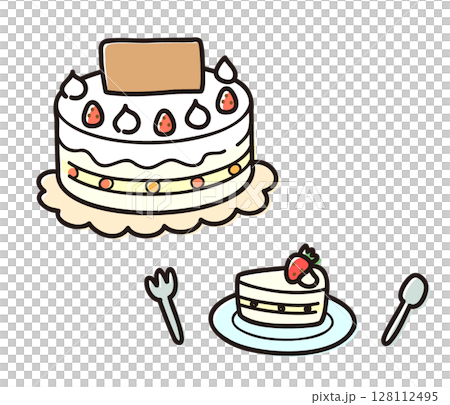 ホールケーキとカットケーキのセットイラスト／誕生日やスイーツ素材用イラスト 128112495