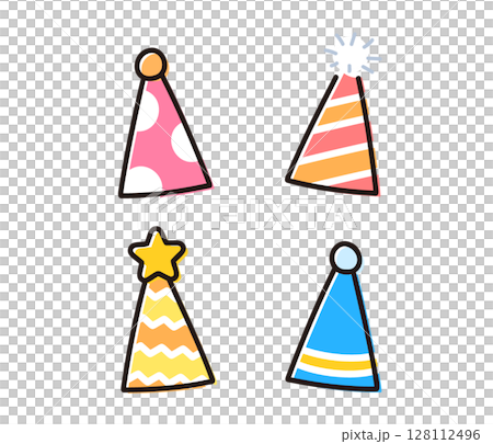 パーティー三角帽子4点セットのイラスト素材／カラフルで楽しいお祝いアイテム 128112496
