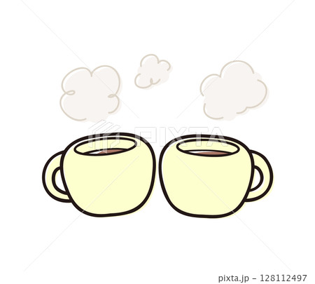 あたたかい飲み物が入ったカップ2個のイラスト素材／ホットコーヒーや紅茶等の素材イラスト 128112497