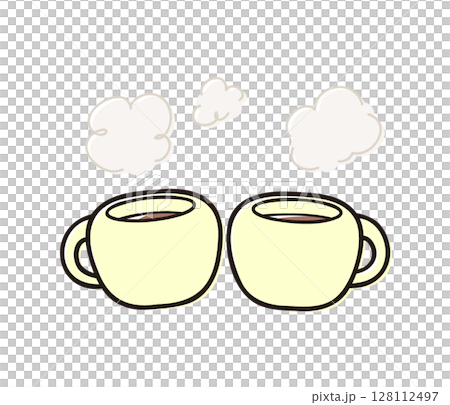 あたたかい飲み物が入ったカップ2個のイラスト素材／ホットコーヒーや紅茶等の素材イラスト 128112497
