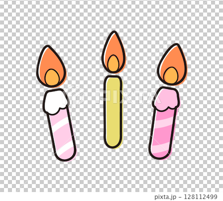 「パーティー用ろうそく3本セットのイラスト素材／誕生日やお祝いにぴったりのかわいいポップなデザイン 128112499