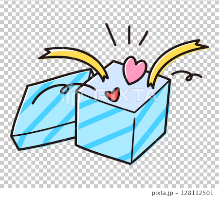 彩色插圖的心和絲帶從禮品盒中彈出/用於驚喜和慶祝 128112501