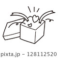 ギフトボックスからハートやテープが飛び出すイラスト／感謝やラブリーな場面に使える線画イラスト 128112520