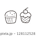 かわいいカップケーキ2個セットのイラスト／デザートやお祝い・メニュー向け線画イラスト 128112528