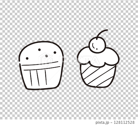 Illustration of a set of two cute cupcakes / Line drawing illustration for desserts, celebrations and menus 128112528