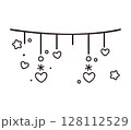散りばめられたハートの垂れ下がりライン飾り／かわいいカーテン風デザイン素材線画イラスト 128112529